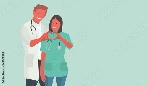 Nurses couple making heart symbol with hands. Pleasant and friendly workers in hospital and medical centers.