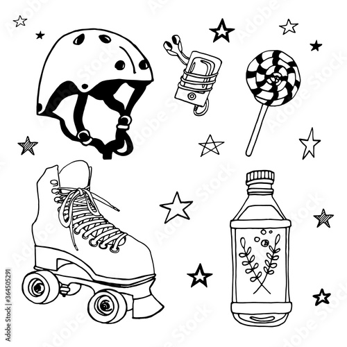 Roller skating set: helmet, water bottle, retro roller skates, lollipop and music player with headphones, complete with doodle stars.