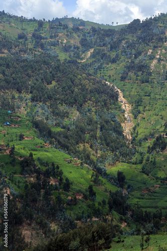 Rural Rwanda, with eroded hillsides, restored terraced fields, and new tree plantation to combat land degradation