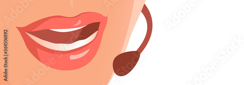 Dispatcher girl mouth. Speaks into the microphone. Vector illustration banner.