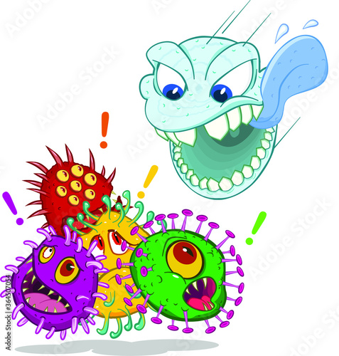 A white blood cell is coming from above to devour the viruses.