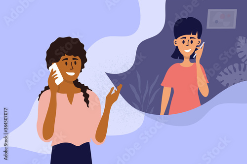 Couple of young women talking on mobile phone. Black girl calling friend by smartphone. People conversation. Female partners dialogue. Social distancing conversation. Characters vector illustration