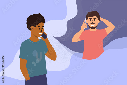 Two handsome men talking on mobile phone. Black guy calling friend by smartphone. People conversation. Male partners dialogue. Social distancing. Conversation of couple. Characters vector illustration