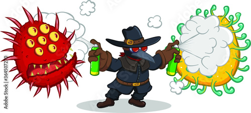 A man in plague doctor suit sprays two giant coronavirus monster with a disinfectant.