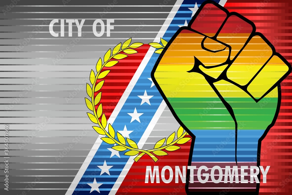 Shiny LGBT Protest Fist on a Montgomery Flag - Illustration, 
Abstract grunge Montgomery Flag and LGBT flag