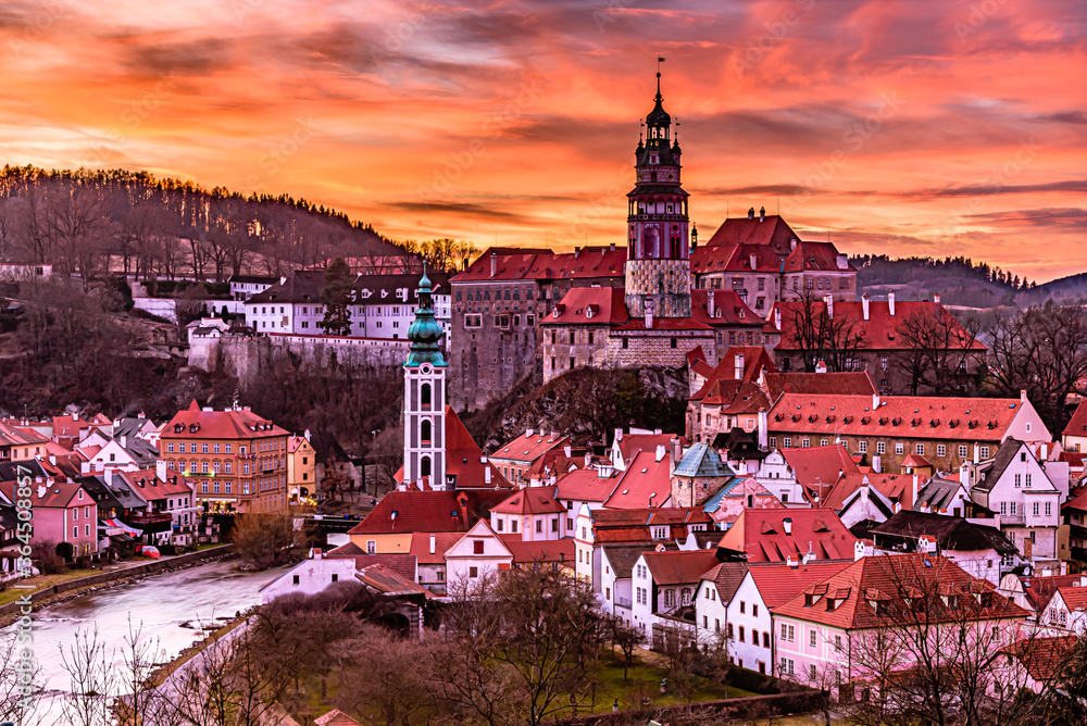 A magnificent sunset over the city Cesky Krumov in Czech republic. 
