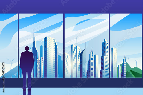 A man's silhouette stands at the glass in the office and admires the dawn in the city. City of the future skyscrapers at dawn. Vector horizontal illustration.