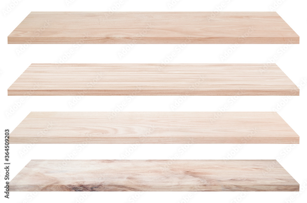 Collection of vintage wooden tabletop or wood shelf isolated on white background. Object with clipping path.