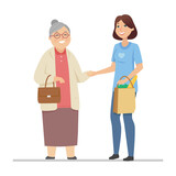 Volunteer helping senior woman - flat design style illustration