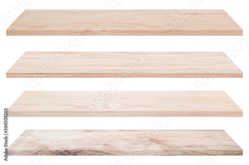 Collection of vintage wooden tabletop or wood shelf isolated on white background. Object with clipping path.