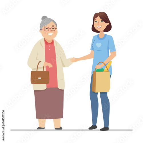 Volunteer helping senior woman - flat design style illustration