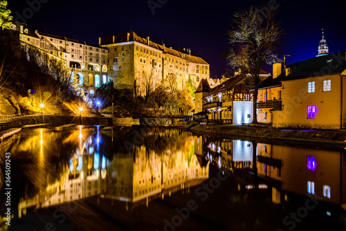 A night shot of the historical city center of Cesky Krumlov.