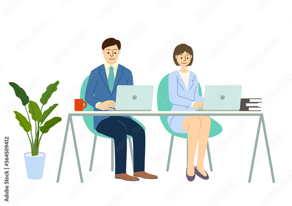 パソコンで仕事をする男女のビジネスマン白背景