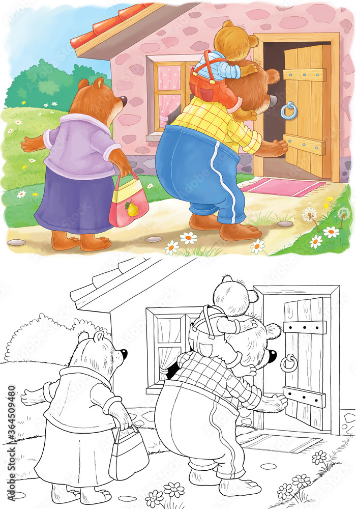 Fototapeta premium Goldilocks and the three bears. Fairy tale. One picture from series. Coloring book. Educational book. Illustration for children. Cute and funny cartoon characters