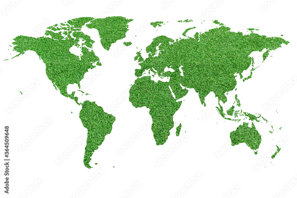 world map in green lawn isolated on white background