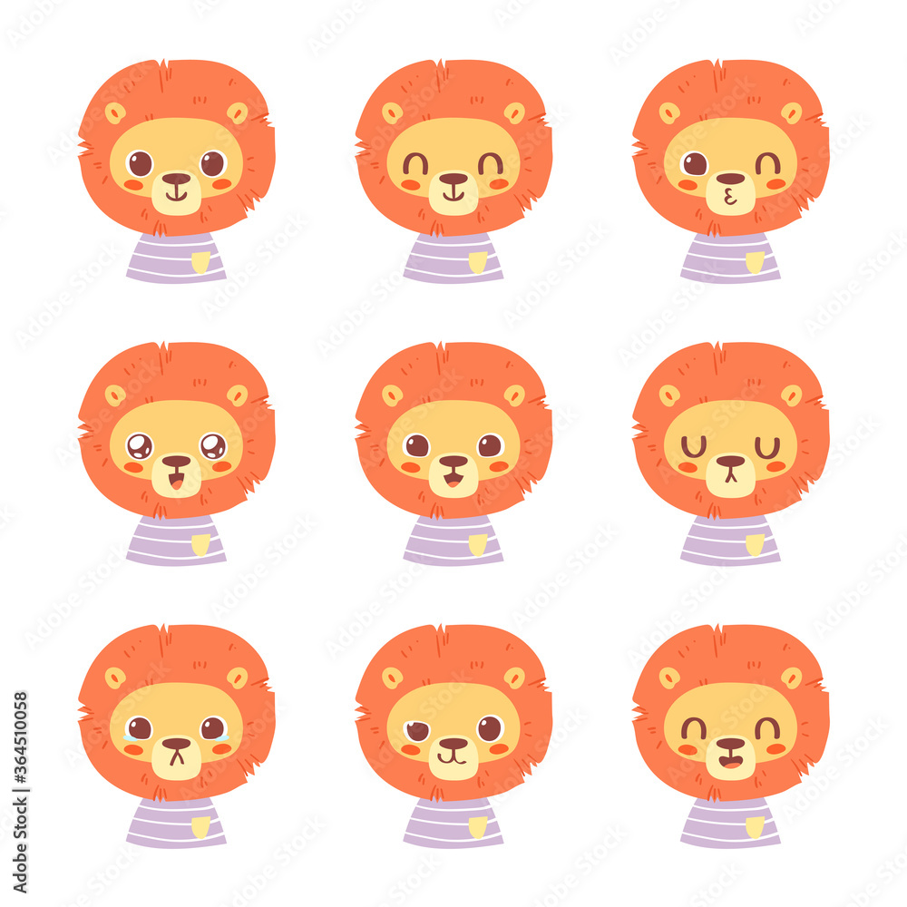 Set of pretty little animal emoji avatars. Cute baby lion emoticon heads with different faces: happy, sad, laugh, cry, funny, angry. Vector illustration for baby card, poster and invitation. Set of pretty little animal emoji avatars. Cute baby lion emoticon heads with different faces: happy, sad, laugh, cry, funny, angry. Vector illustration for baby card, poster and invitation.