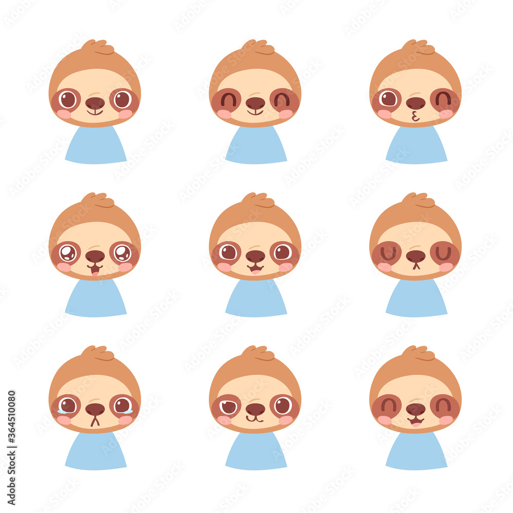 Set of pretty little animal emoji avatars. Cute baby sloth emoticon heads with different faces: happy, sad, laugh, cry, funny, angry. Vector illustration for baby card, poster and invitation. Set of pretty little animal emoji avatars. Cute baby sloth emoticon heads with different faces: happy, sad, laugh, cry, funny, angry. Vector illustration for baby card, poster and invitation.