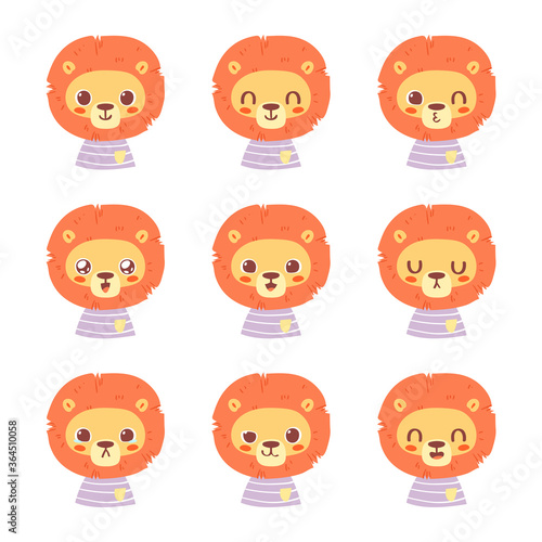 Fototapeta Naklejka Na Ścianę i Meble -  Set of pretty little animal emoji avatars. Cute baby lion emoticon heads with different faces: happy, sad, laugh, cry, funny, angry.  Vector illustration for baby card, poster and invitation.