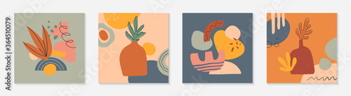 Bundle of art modern vector illustration with vase,leaves,organic shapes and graphic elements.Trendy contemporary design perfect for prints;banners templates;social media,invitations;branding,covers