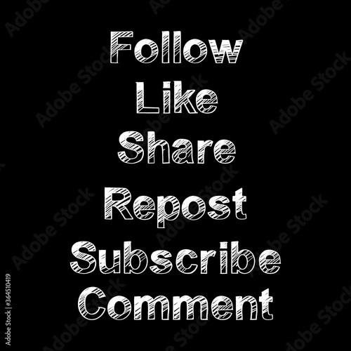 Set of handwritten web slang text for social media and blog posts. Follow, like, share, repost, subcribe, comment lettering inscription for blogger or group. For site, blog, icon, new post, page
