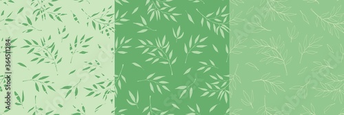Three seamless pattern with leaves. Set vector illustration in modern painting style. Background for packaging, textiles, printing products with green leaves.