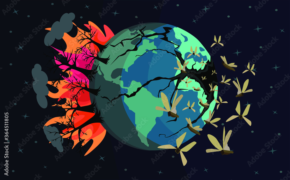 Fototapeta premium conceptual illustration of destruction of environment and planet earth, global warming and climate change, grasshopper cloud formation, vector illustration