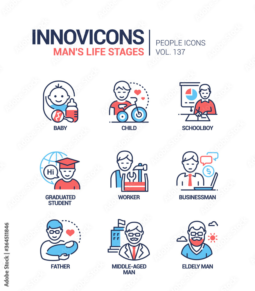 Life stages of a man - line design style icons set