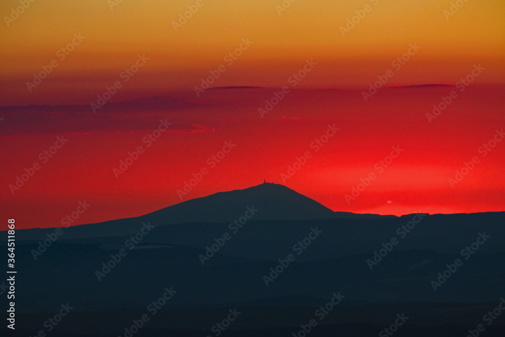 Mont Ventoux in Provence, France at summer sunset with amazing red sky.