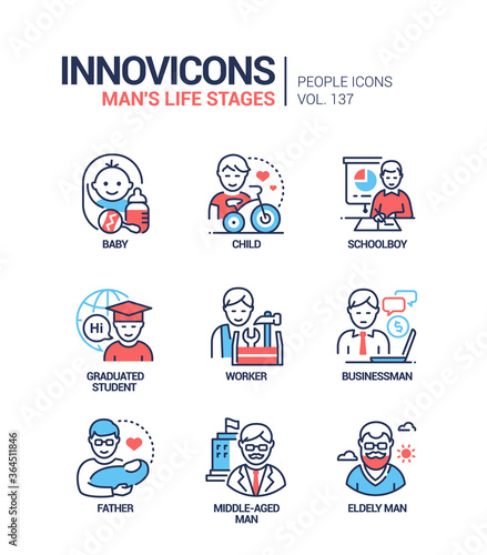 Life stages of a man - line design style icons set