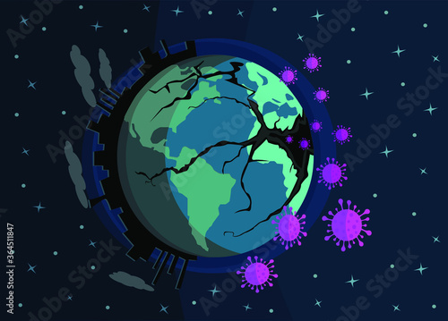 environmental degradation and coronavirus pandemic, background of a earth in the starry universe, vector illustration