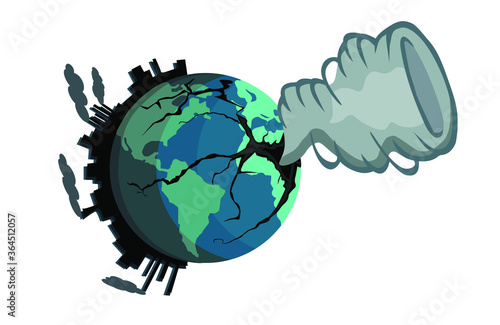 planet earth destroyed by human pollution, and a hurricane coming out of a crater on earth, vector illustration