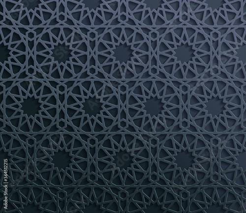 Seamless symmetrical abstract vector background in arabian style made of emboss geometric shapes with shadow.