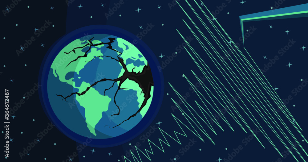 planet earth with a crack after an earthquake, needle of a seismograph registering the seismic shock, starry background, vector illustration planet earth with a crack after an earthquake, needle of a seismograph registering the seismic shock, starry background, vector illustration