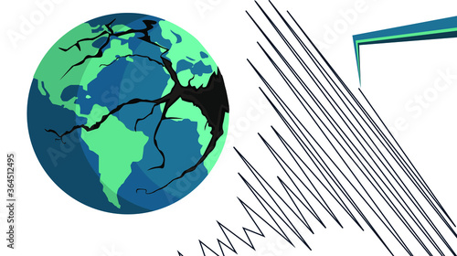 the planet earth with a crack and a seismograph showing seismic activity of an earthquake, natural disaster, vector illustration