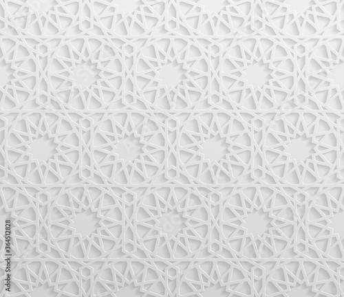 Seamless symmetrical abstract vector background in arabian style made of emboss geometric shapes with shadow.