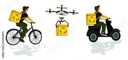 set of elements that represent sustainable delivery, with minimal impact on the environment, deliverers in means of transport with low carbon dioxide emission, vector illustration