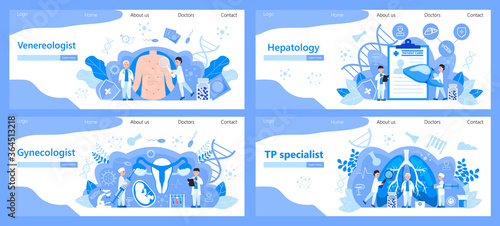 Venereologist, gynecologist, TB specialist, hepatologist. Hepatitis A, B, C, D, cirrhosis illustration, world hepatitis day. Tiny doctors treat the liver, lungs, uterus.