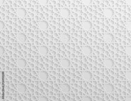 Seamless symmetrical abstract vector background in arabian style made of emboss geometric shapes with shadow.