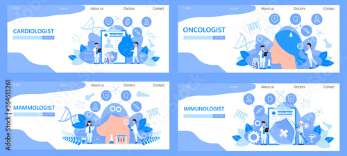 Cardiologist, immunologist, oncologist for landing page. Tiny doctors of mammology treat breast cancer. National breast cancer awareness month