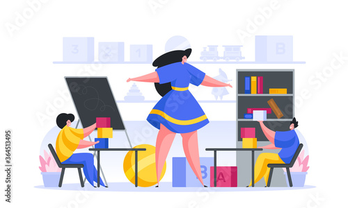 Cartoon female teacher working with children in kindergarten