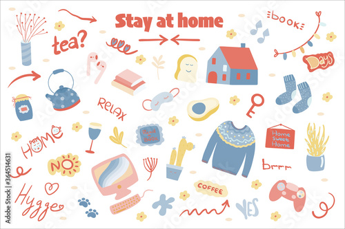 Large set of vector stickers stay home. A lot of elements on a light background