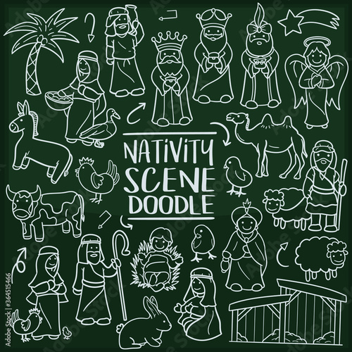 Nativity Scene Christmas  Traditional Doodle Icons Sketch Hand Made Design Vector.