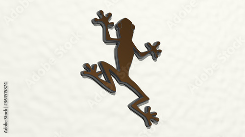 FROG CLIMBING made by 3D illustration of a shiny metallic sculpture on a wall with light background. animal and amphibian