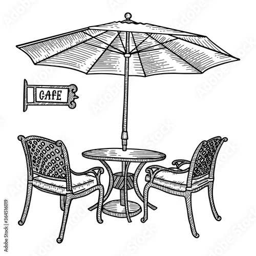 Hand drawn street cafe - table, two chairs and ambrella or parasol . Hand drawn sketch for Menu design, sketch restaurant city, exterior architecture, Black and white vintage vector illustration.