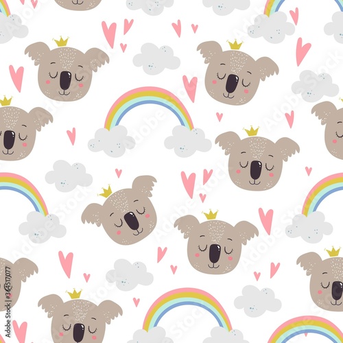 Seamless vector pattern with cute cartoon koala and rainbow. Illustration for fashion fabrics  textile graphics  prints.