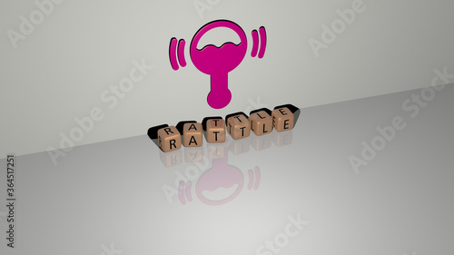 Valokuva 3D representation of rattle with icon on the wall and text arranged by metallic cubic letters on a mirror floor for concept meaning and slideshow presentation