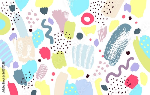 Brush, marker, pencil stroke pattern. Abstract background. Vector artwork. Memphis trendy print. Children, kids sketch, hand drawing. Pink, purple, beige, yellow, red, green, black, blue, white colors