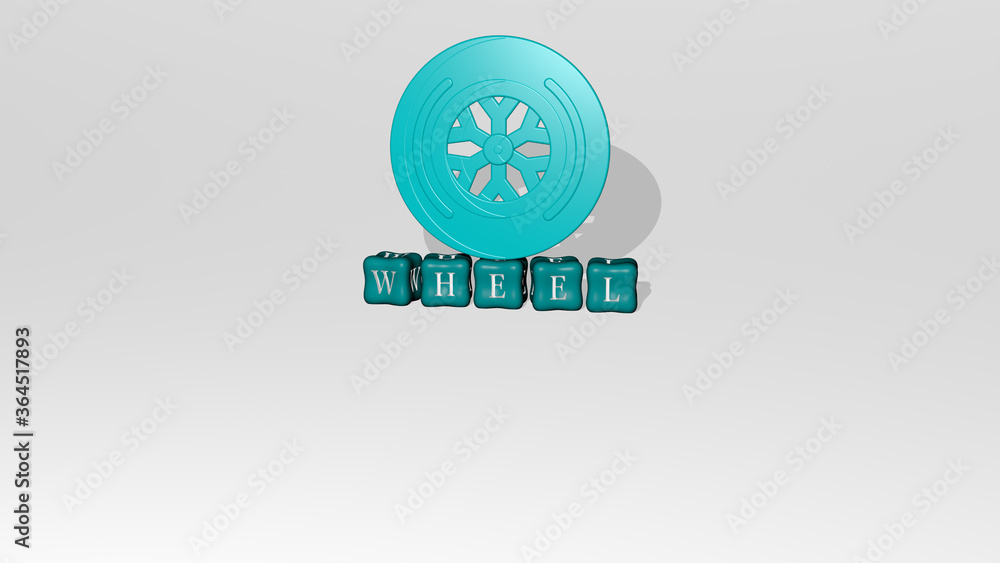 3D illustration of wheel graphics and text made by metallic dice letters for the related meanings of the concept and presentations. background and car 3D illustration of wheel graphics and text made by metallic dice letters for the related meanings of the concept and presentations. background and car