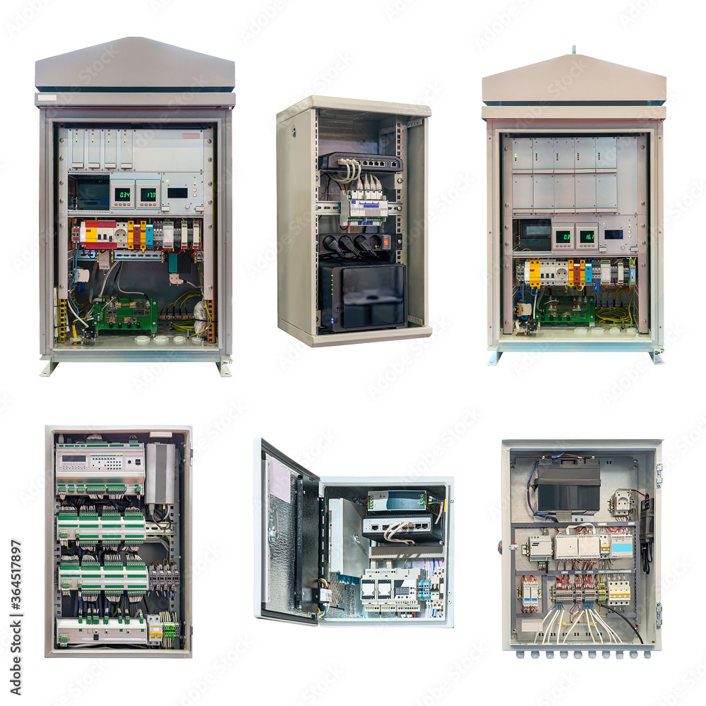 group of electrical cabinets of various designs and purposes isolated on a white background group of electrical cabinets of various designs and purposes isolated on a white background