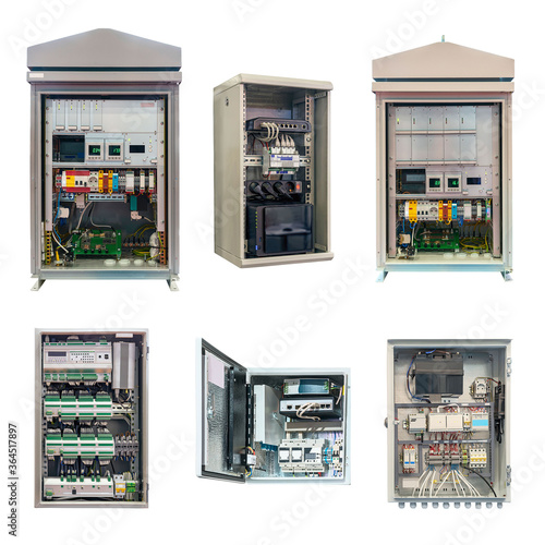 group of electrical cabinets of various designs and purposes isolated on a white background